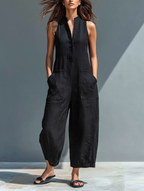 Minimalist Sleeveless Linen-Blend Jumpsuit for Women with Stand Collar and Buttons