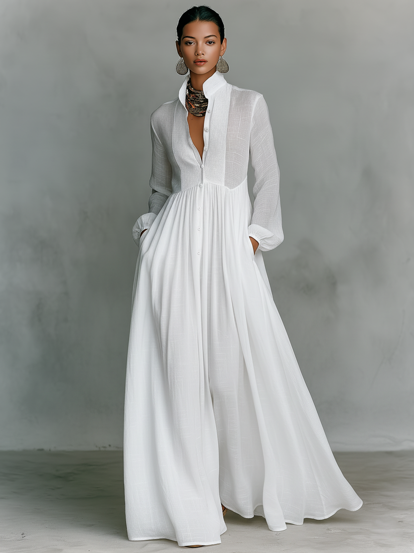 Minimalist Cotton-Linen Maxi Dress with Patchwork Pattern, Stand Collar, and Long Sleeves