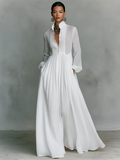 Minimalist Cotton-Linen Maxi Dress with Patchwork Pattern, Stand Collar, and Long Sleeves