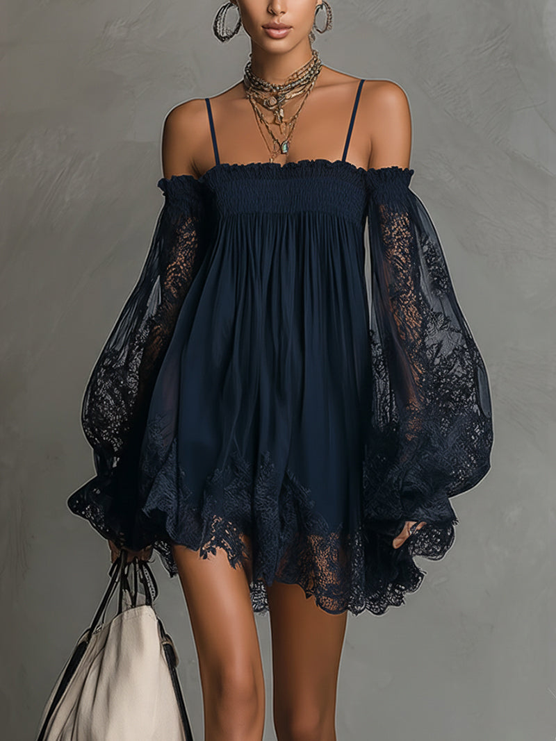 Noemi • Blue Off-Shoulder Chiffon Mini Dress with Lace Trim and Sheer Sleeves