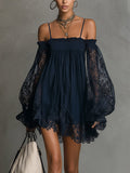 Noemi • Blue Off-Shoulder Chiffon Mini Dress with Lace Trim and Sheer Sleeves