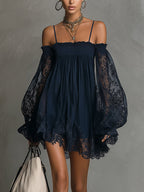 Noemi • Blue Off-Shoulder Chiffon Mini Dress with Lace Trim and Sheer Sleeves