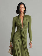 Olive Green Long Dress in Stretch Silk with Deep V-Neck and Ruffles, Charming Maxi Dress