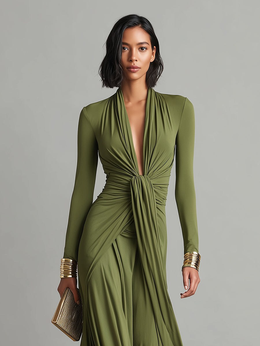 Olive Green Long Dress in Stretch Silk with Deep V-Neck and Ruffles, Charming Maxi Dress