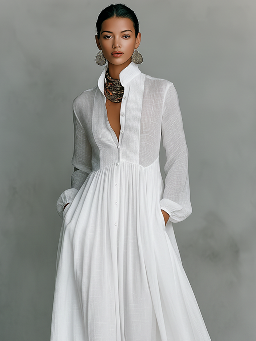 Minimalist Cotton-Linen Maxi Dress with Patchwork Pattern, Stand Collar, and Long Sleeves