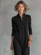 Women's Maxi Sweatshirt Dress with Button Collar and White Trim