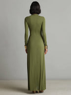 Olive Green Long Dress in Stretch Silk with Deep V-Neck and Ruffles, Charming Maxi Dress