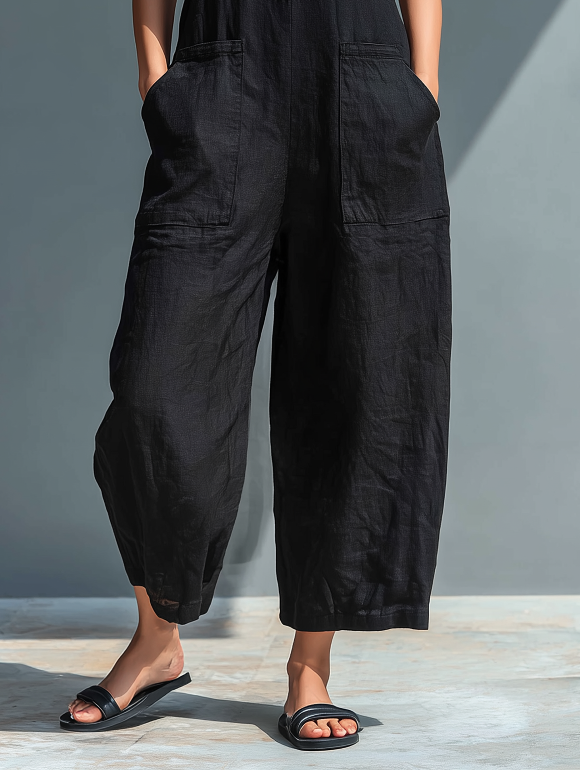 Minimalist Sleeveless Linen-Blend Jumpsuit for Women with Stand Collar and Buttons