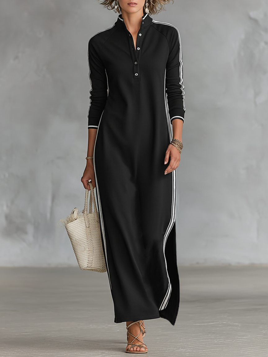 Women's Maxi Sweatshirt Dress with Button Collar and White Trim