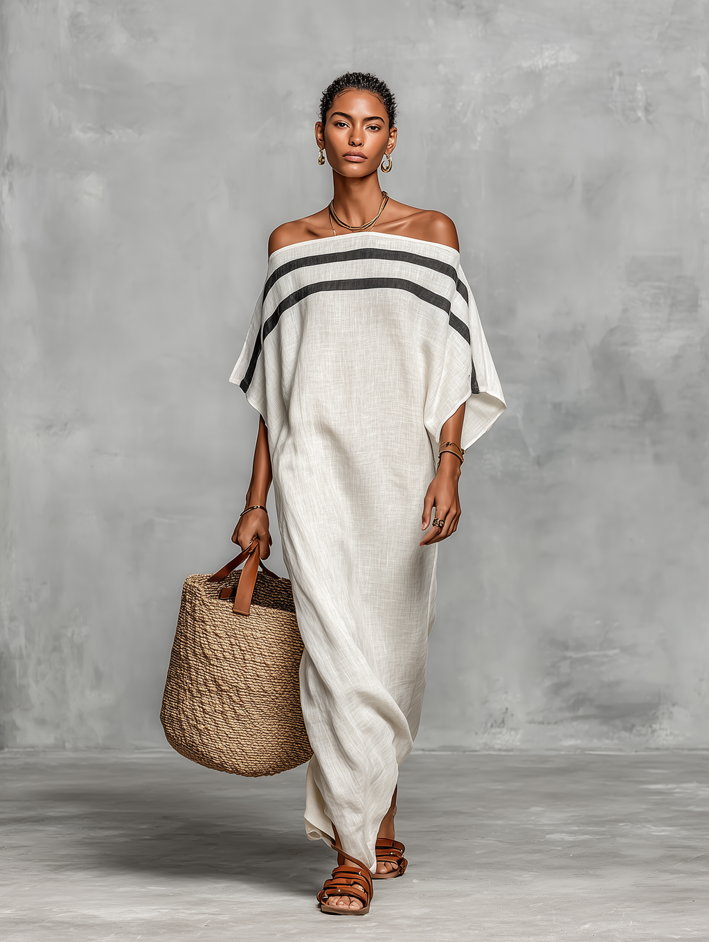 Minimalist Linen Maxi Dress for Women with Off-Shoulder and Batwing Sleeves