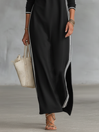 Women's Maxi Sweatshirt Dress with Button Collar and White Trim
