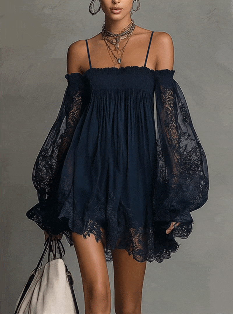Noemi • Blue Off-Shoulder Chiffon Mini Dress with Lace Trim and Sheer Sleeves