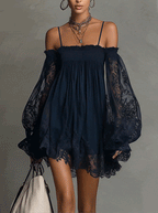 Noemi • Blue Off-Shoulder Chiffon Mini Dress with Lace Trim and Sheer Sleeves