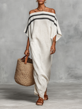 Minimalist Linen Maxi Dress for Women with Off-Shoulder and Batwing Sleeves