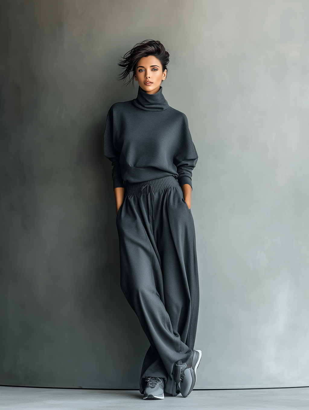 Women's Turtleneck and Wide-Leg Trousers in Dark Brown Knit