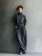 Women's Turtleneck and Wide-Leg Trousers in Dark Brown Knit