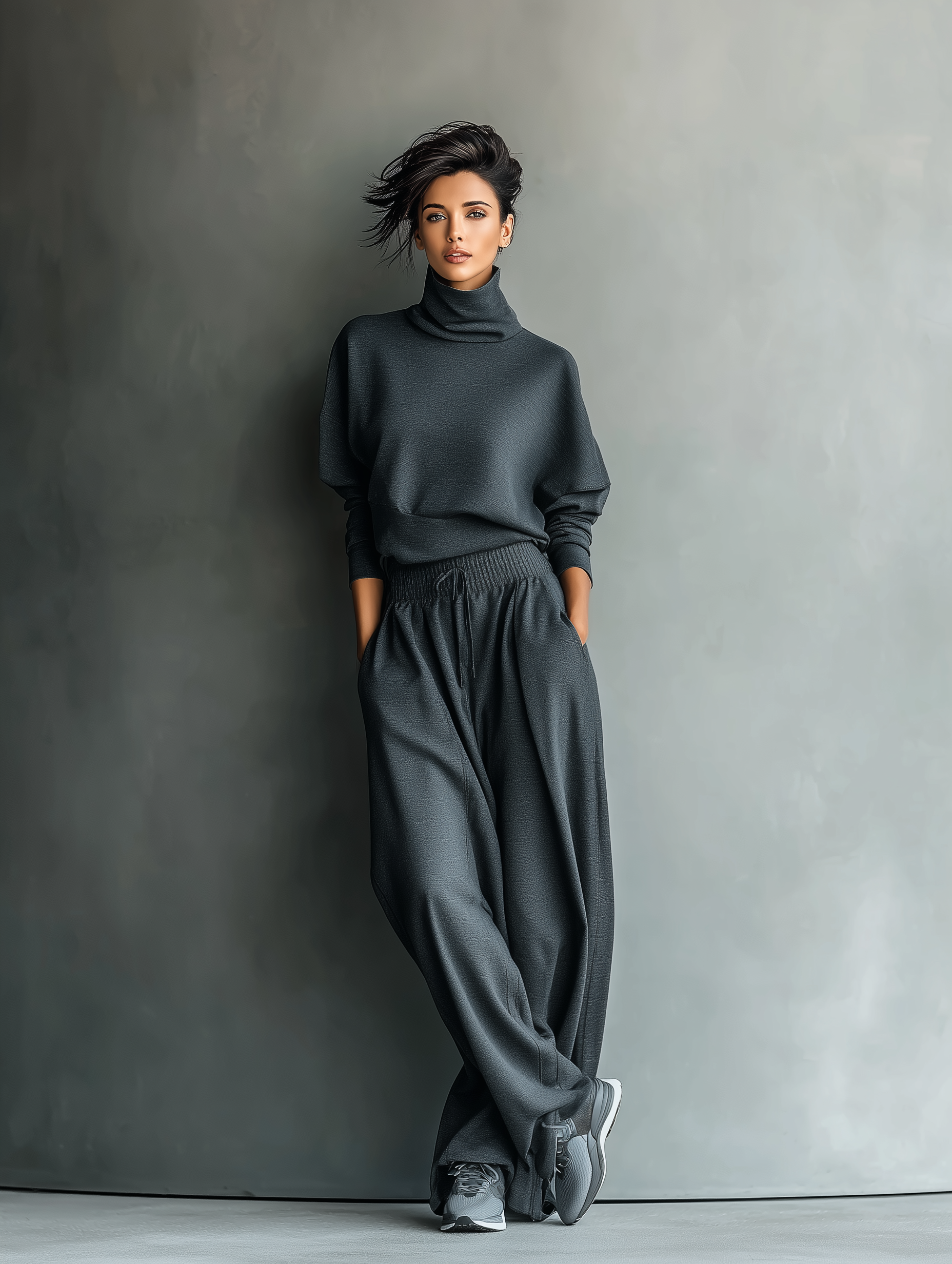 Women's Turtleneck and Wide-Leg Trousers in Dark Brown Knit