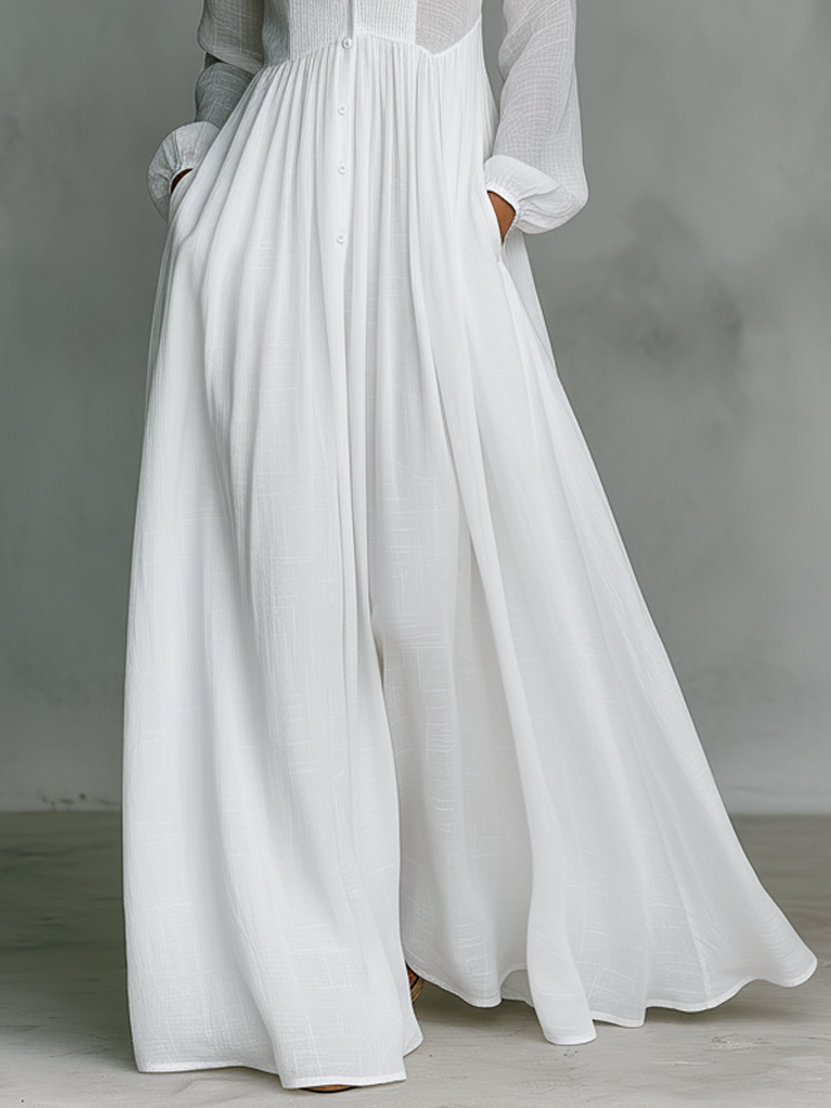 Minimalist Cotton-Linen Maxi Dress with Patchwork Pattern, Stand Collar, and Long Sleeves