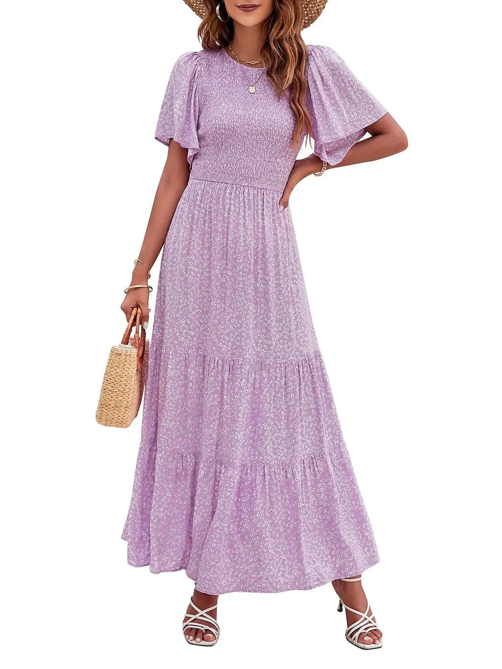 Women's Summer Casual Maxi Dress with Floral Print, Short Ruffle Sleeves and Loose Fit, 2026 Collection