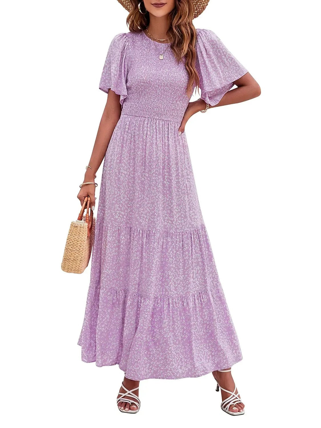 Women's Summer Casual Maxi Dress with Floral Print, Short Ruffle Sleeves and Loose Fit, 2026 Collection