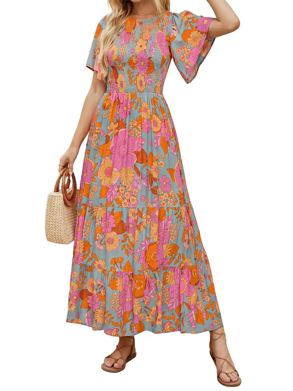 Women's Summer Casual Maxi Dress with Floral Print, Short Ruffle Sleeves and Loose Fit, 2026 Collection