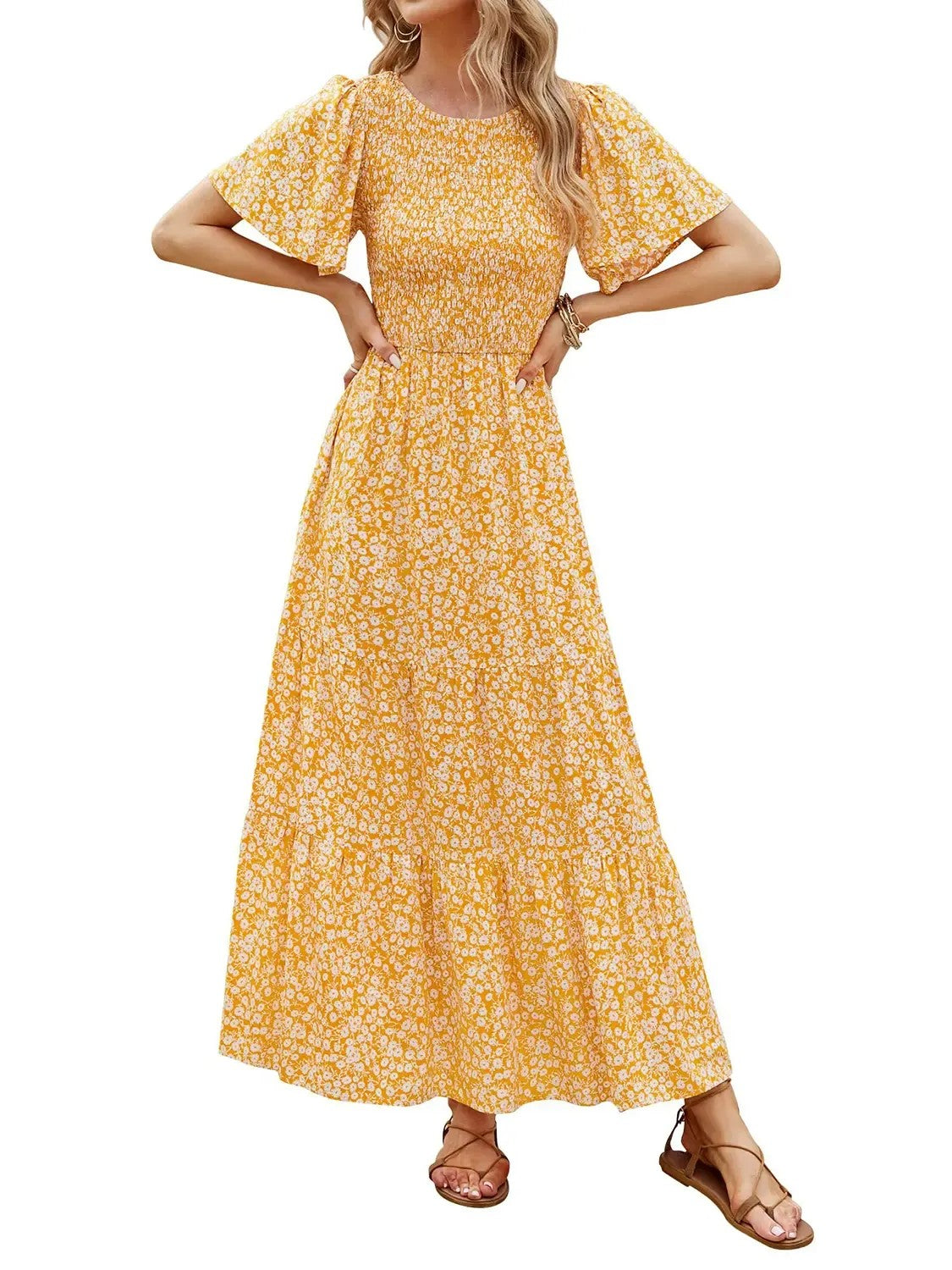 Women's Summer Casual Maxi Dress with Floral Print, Short Ruffle Sleeves and Loose Fit, 2026 Collection