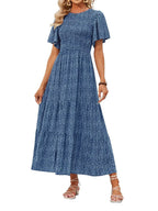 Women's Summer Casual Maxi Dress with Floral Print, Short Ruffle Sleeves and Loose Fit, 2026 Collection