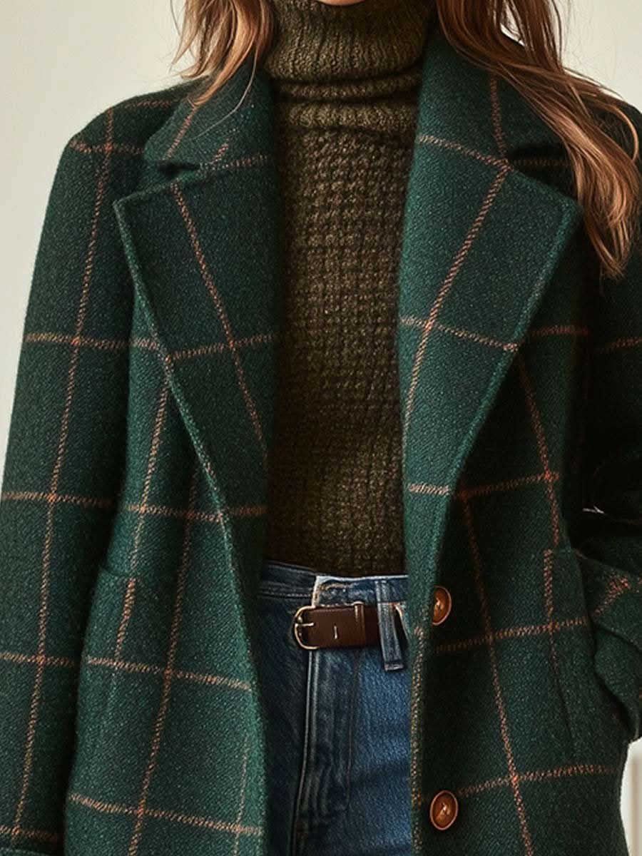Classic Elegant Plaid Coat - Green