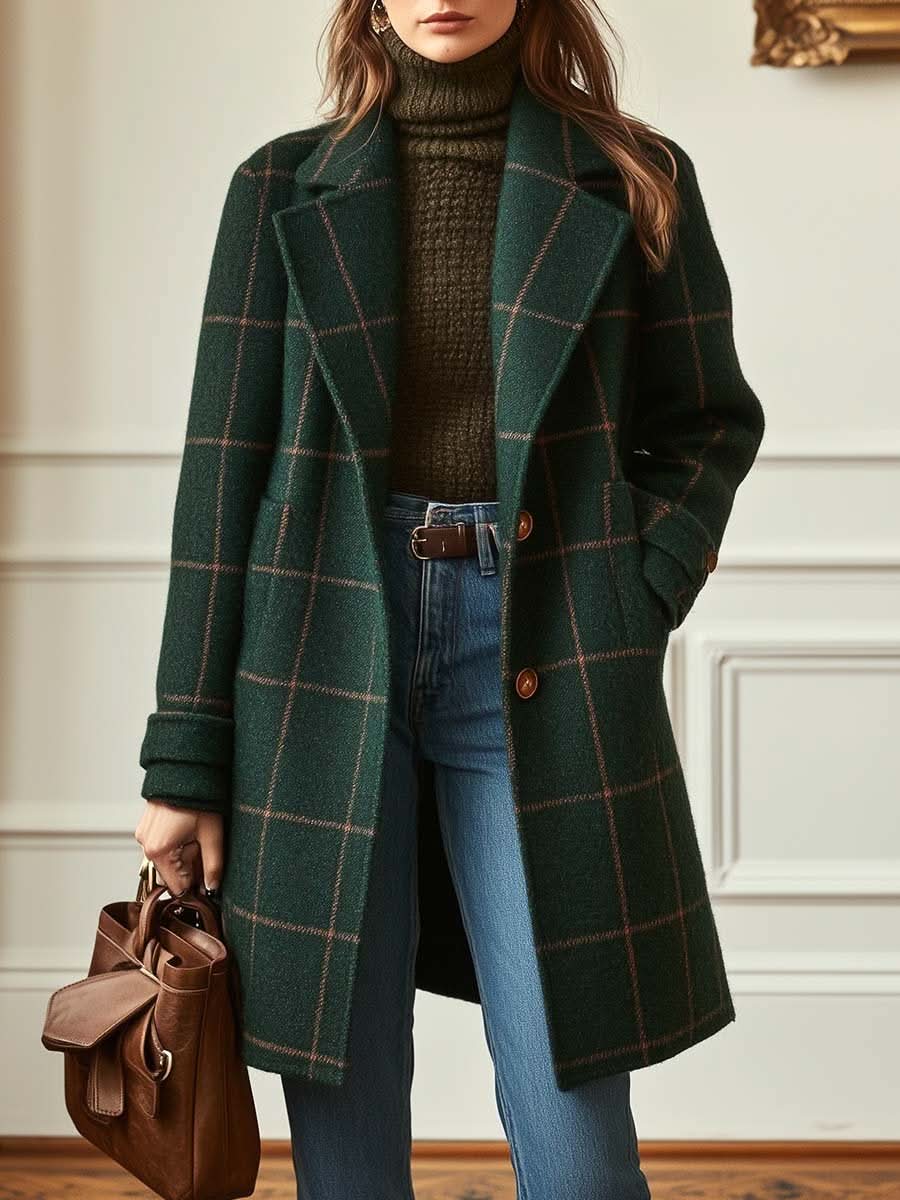 Classic Elegant Plaid Coat - Green