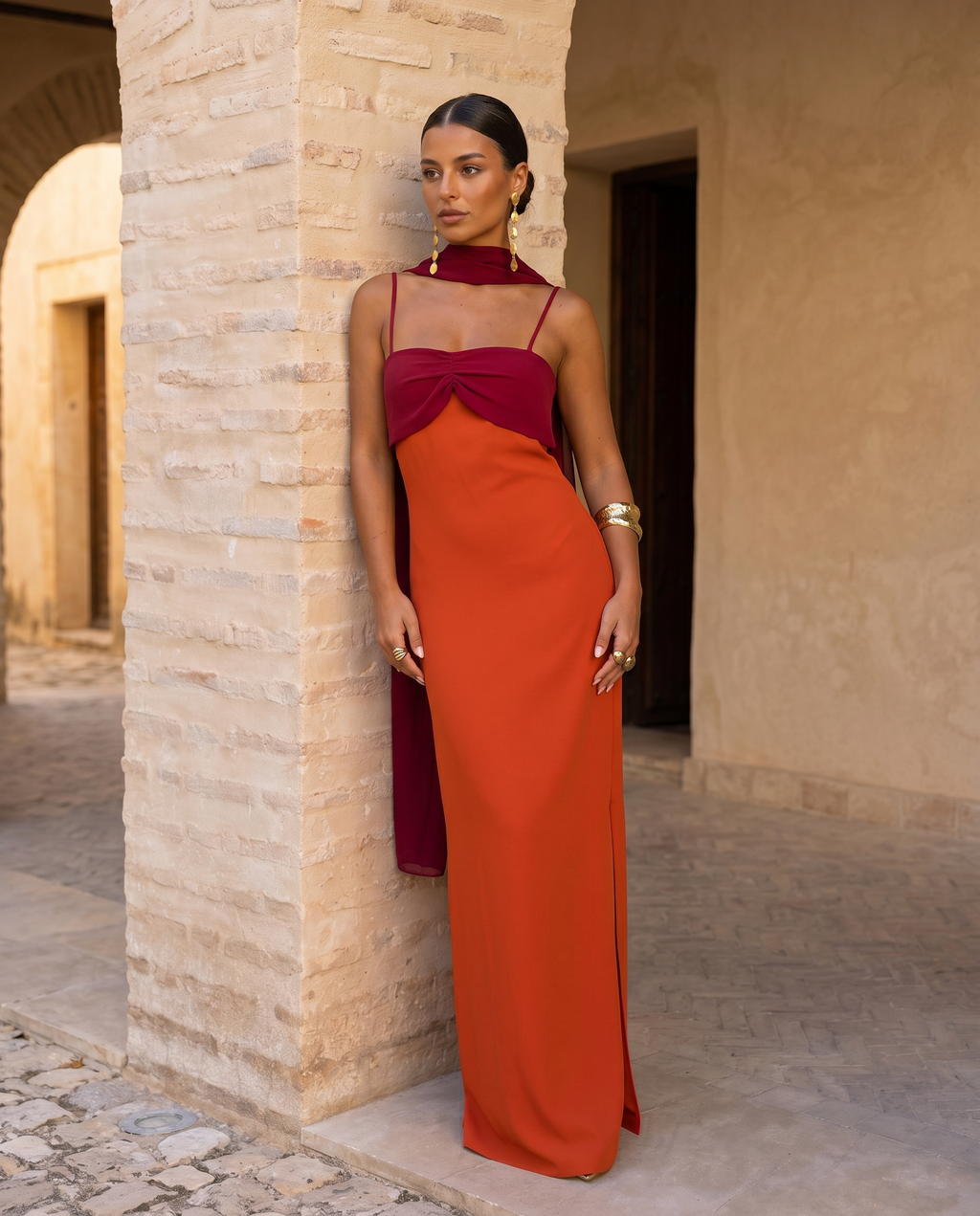 Zahara | Orange Dress with Red Neckline