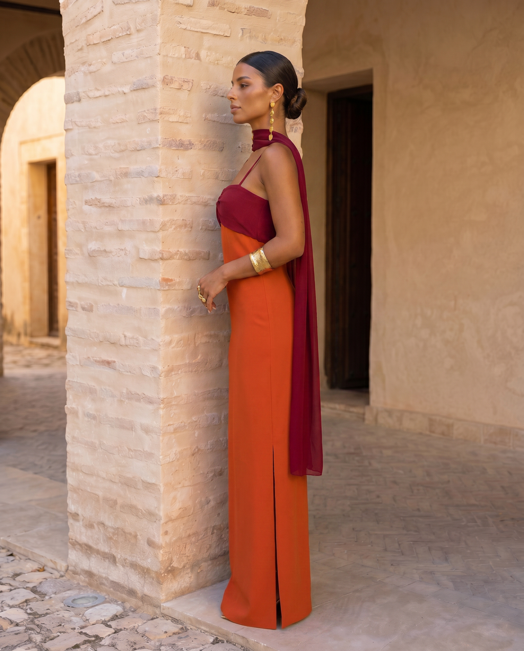Zahara | Orange Dress with Red Neckline