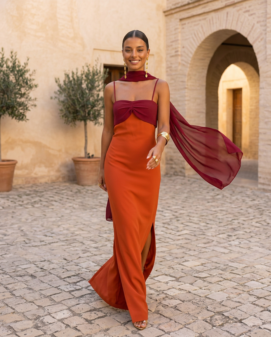 Zahara | Orange Dress with Red Neckline